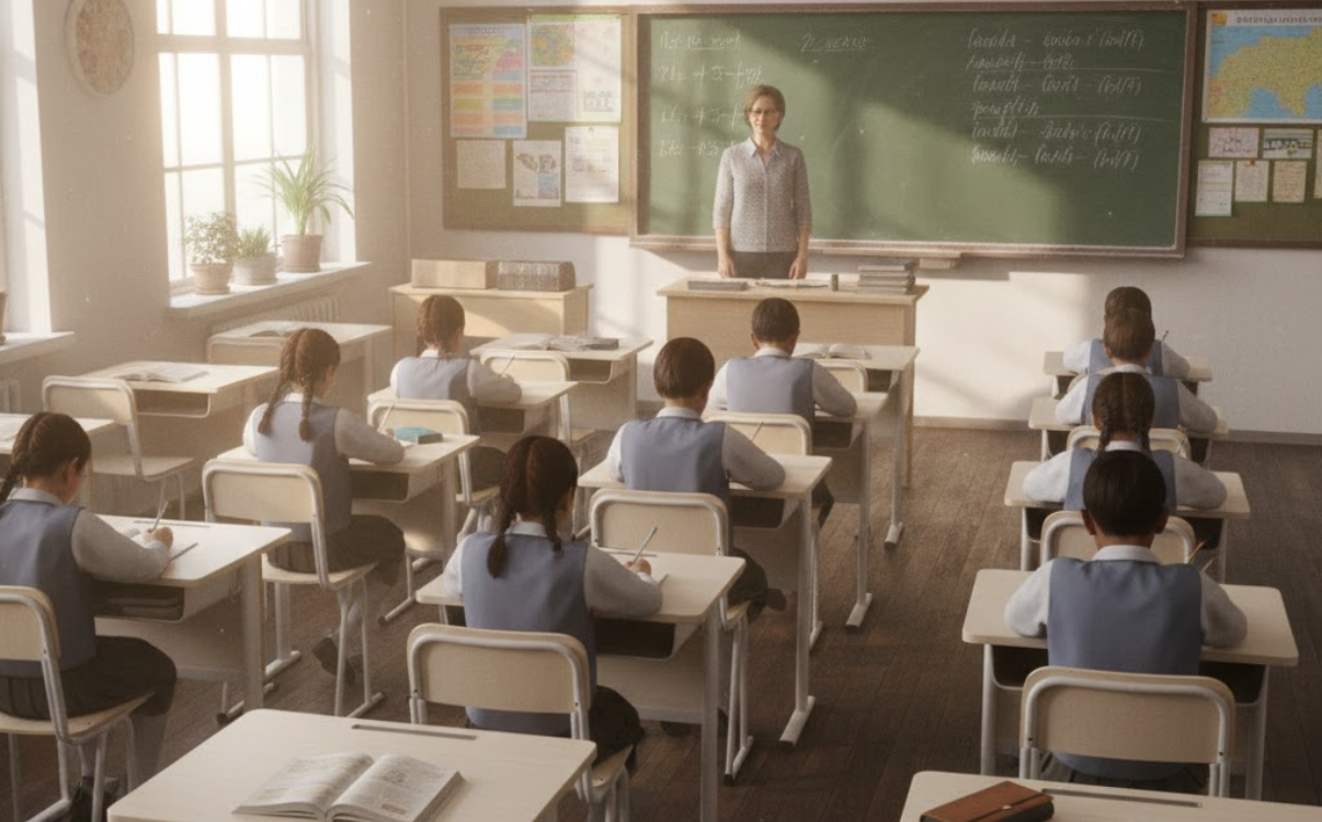 Bàn học gỗ ép trong lớp học truyền thống được lắp đặt đúng kỹ thuật, giữ bề mặt phẳng và hạn chế rung lắc.