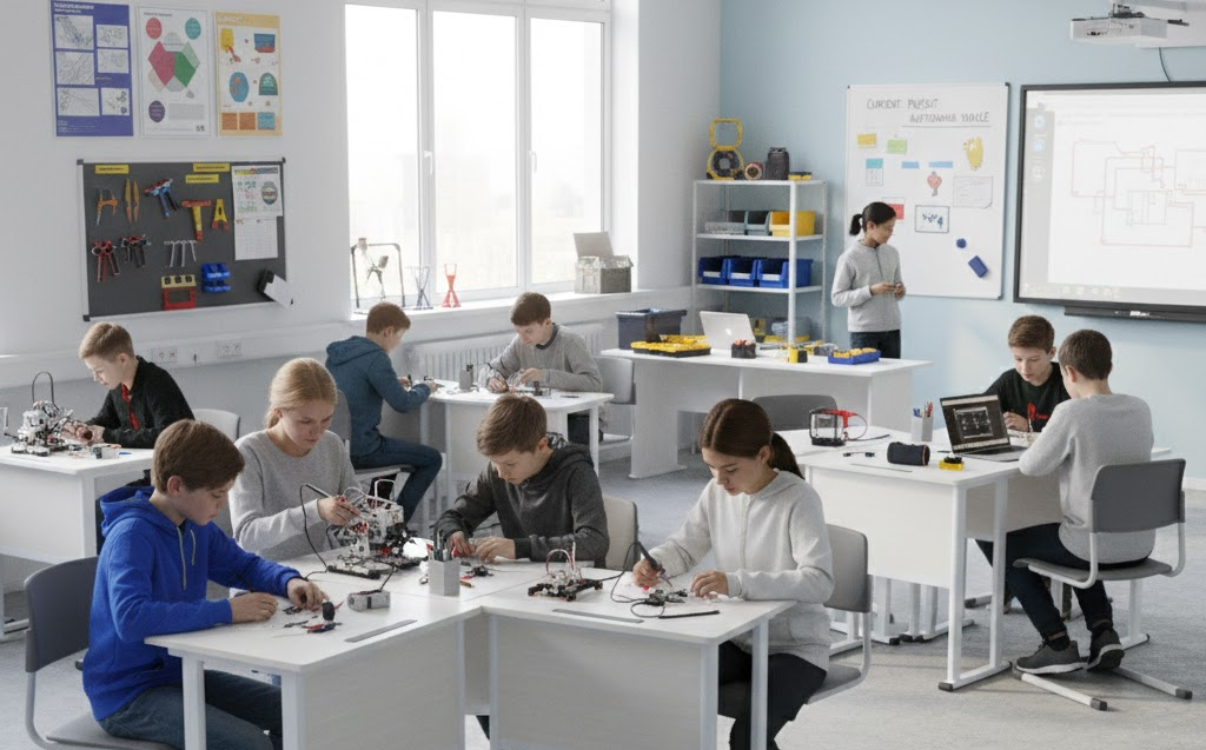 Bàn học gỗ ép trong phòng STEM được lắp đặt đúng kỹ thuật, mặt bàn phẳng, khung chắc chắn và bo góc an toàn.