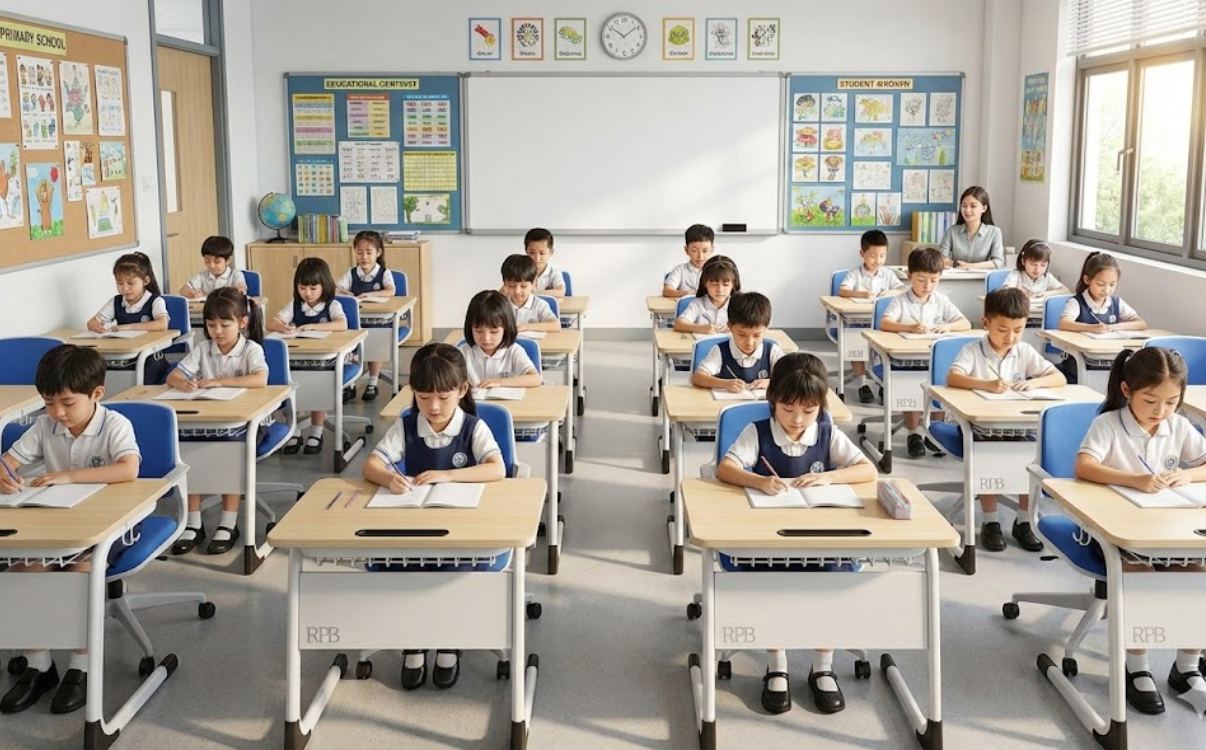 Bàn học Eco 01 đạt chuẩn công thái học, phù hợp cho học sinh cấp 1 với thiết kế an toàn và tư thế ngồi đúng. 