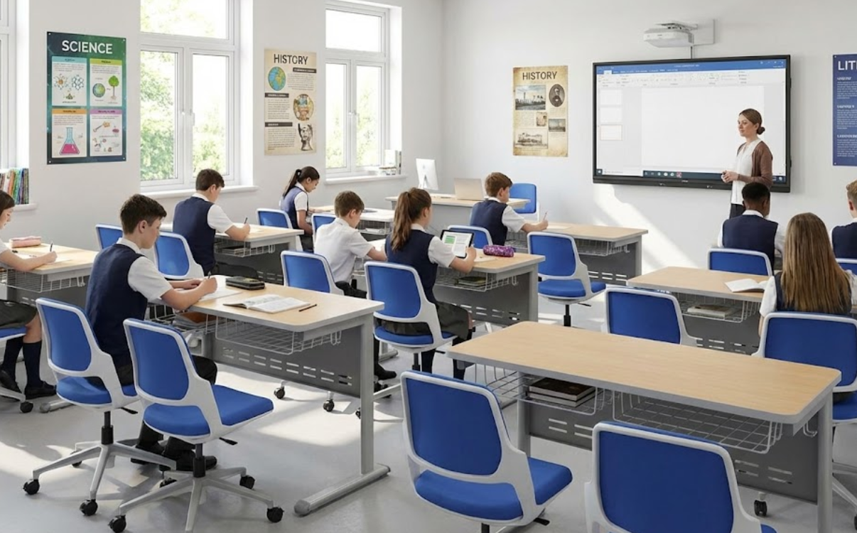 Bàn học Zico 01 đạt chuẩn công thái học, thiết kế gọn gàng và bền bỉ cho lớp học THCS hiện đại.