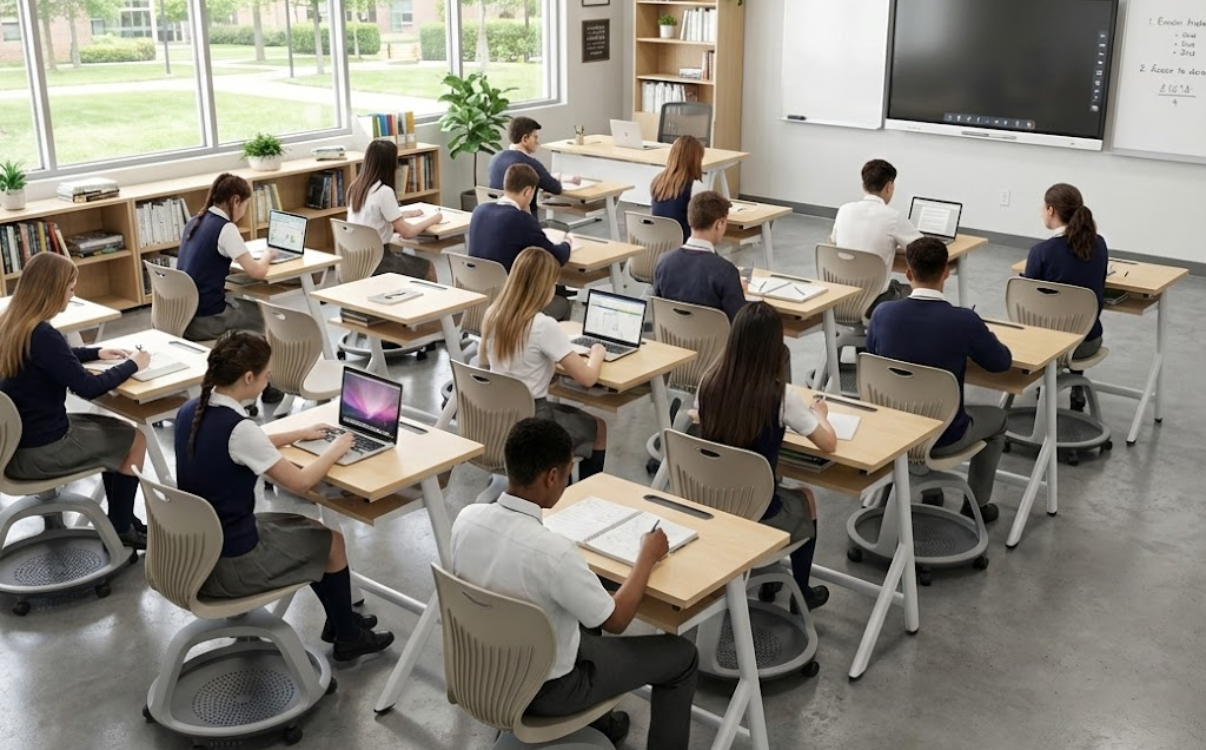 Bàn học Zuma 01 đạt chuẩn công thái học, thiết kế chắc chắn và ổn định cho lớp học THPT hiện đại