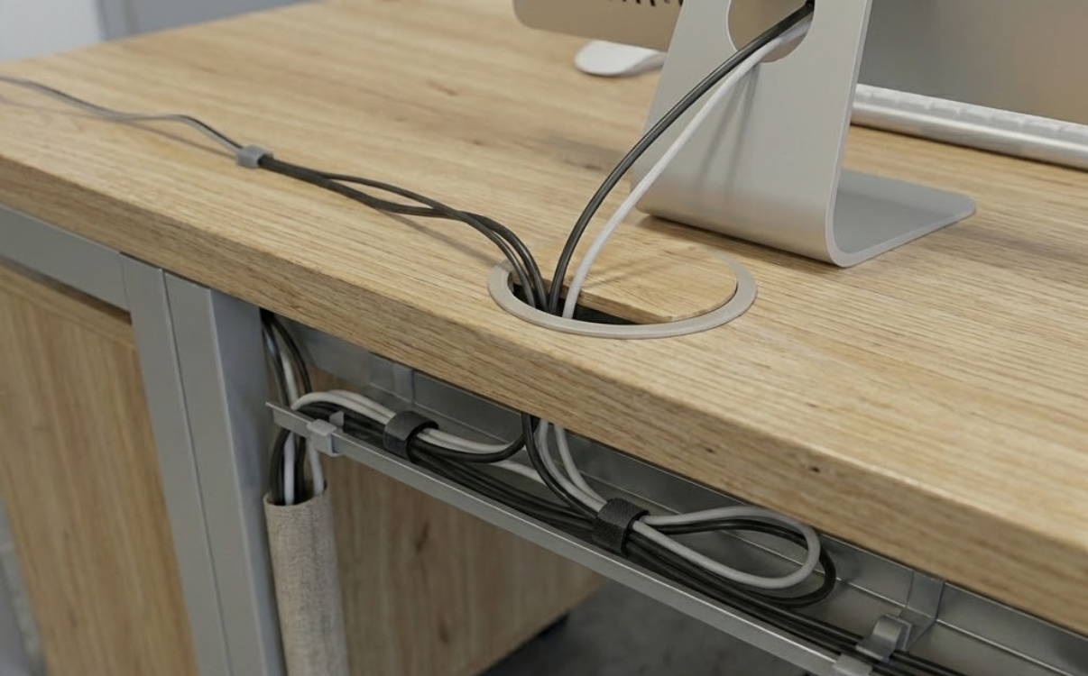 Hệ thống đi dây trên bàn máy tính phòng tin học giúp sắp xếp dây điện gọn gàng và đảm bảo an toàn cho học sinh.