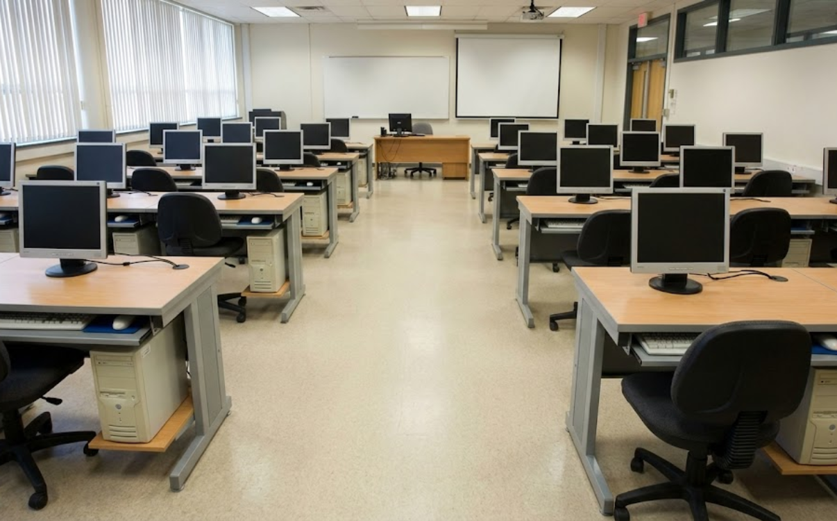 Bàn máy tính cho phòng tin học trường học với thiết kế hiện đại, giúp tối ưu không gian và đảm bảo an toàn khi học tập.