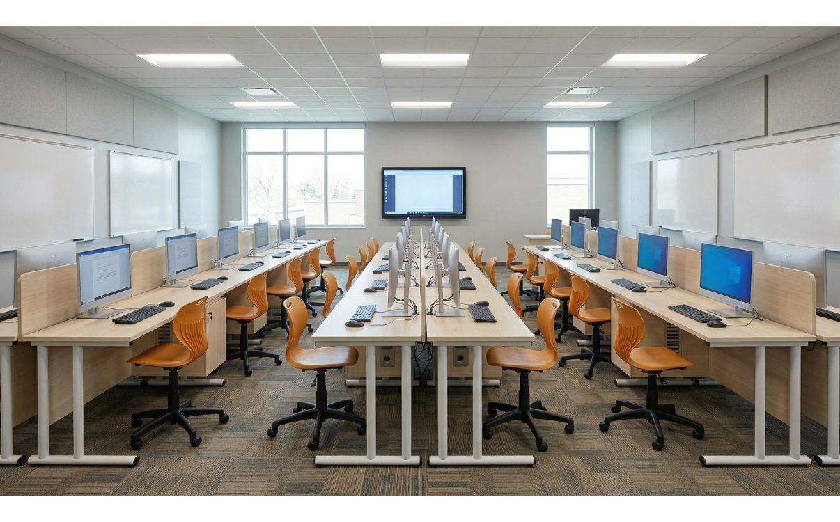 àn này thường được sử dụng phổ biến trong phòng tin học trường học, phòng máy đào tạo và trung tâm công nghệ, nơi cần bố trí nhiều máy tính nhưng vẫn đảm bảo không gian gọn gàng và chuyên nghiệp