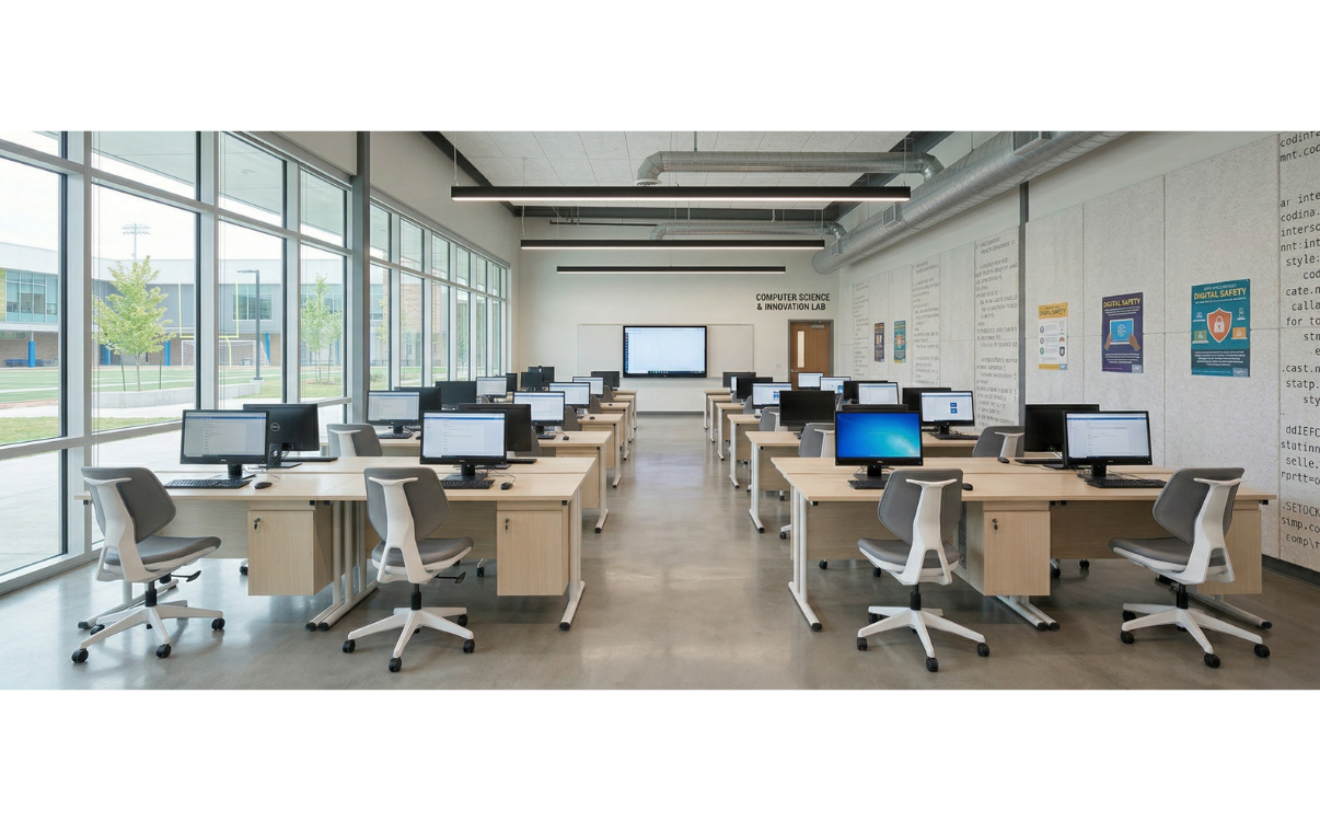 bàn ghế phòng máy vi tính. Một thiết kế đạt chuẩn không chỉ giúp học sinh sử dụng máy tính thuận tiện mà còn hạn chế rủi ro về điện, va chạm và các sự cố phát sinh trong quá trình vận hành phòng máy.