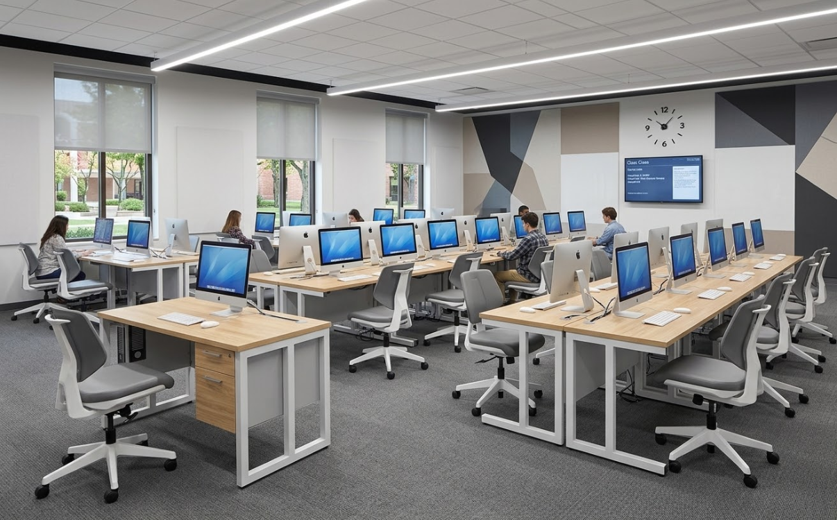 bàn máy tính trường học, ghế phòng máy, bàn theo dãy hoặc bàn có hộc CPU là những giải pháp nội thất công cộng phù hợp cho phòng tin học