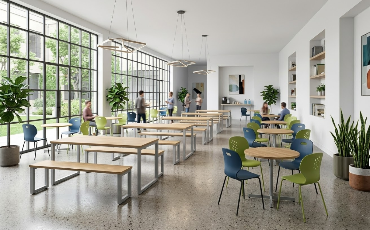 Bàn ghế căn tin, ghế ngồi chờ, bàn sinh hoạt nhóm hay khu vực đọc mở đều là một phần quan trọng trong hệ sinh thái nội thất công cộng của trường học