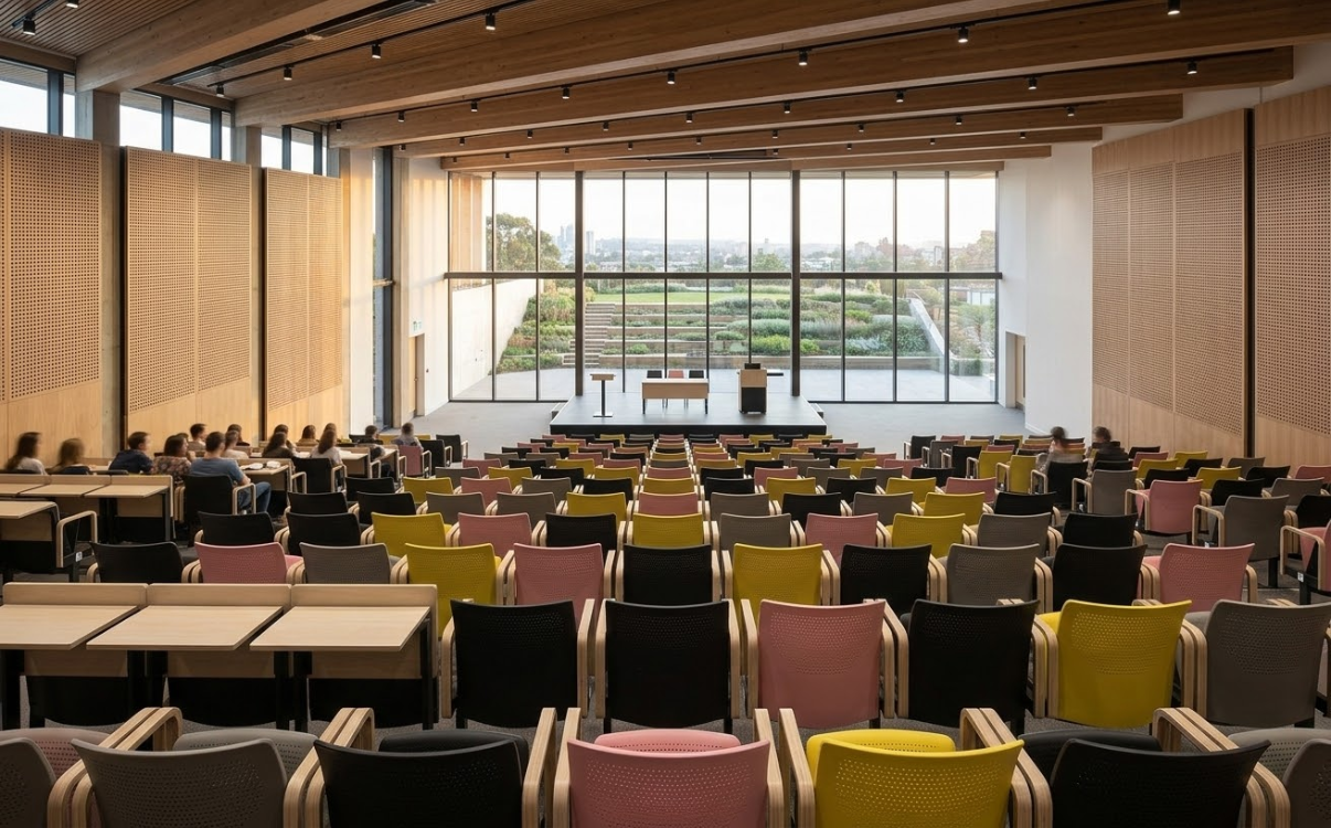 nội thất cho khu vực này cần hướng đến sự đa năng, dễ bảo trì và tối ưu ngân sách đầu tư, nhưng vẫn bảo đảm an toàn và hình ảnh gọn gàng cho không gian công cộng.