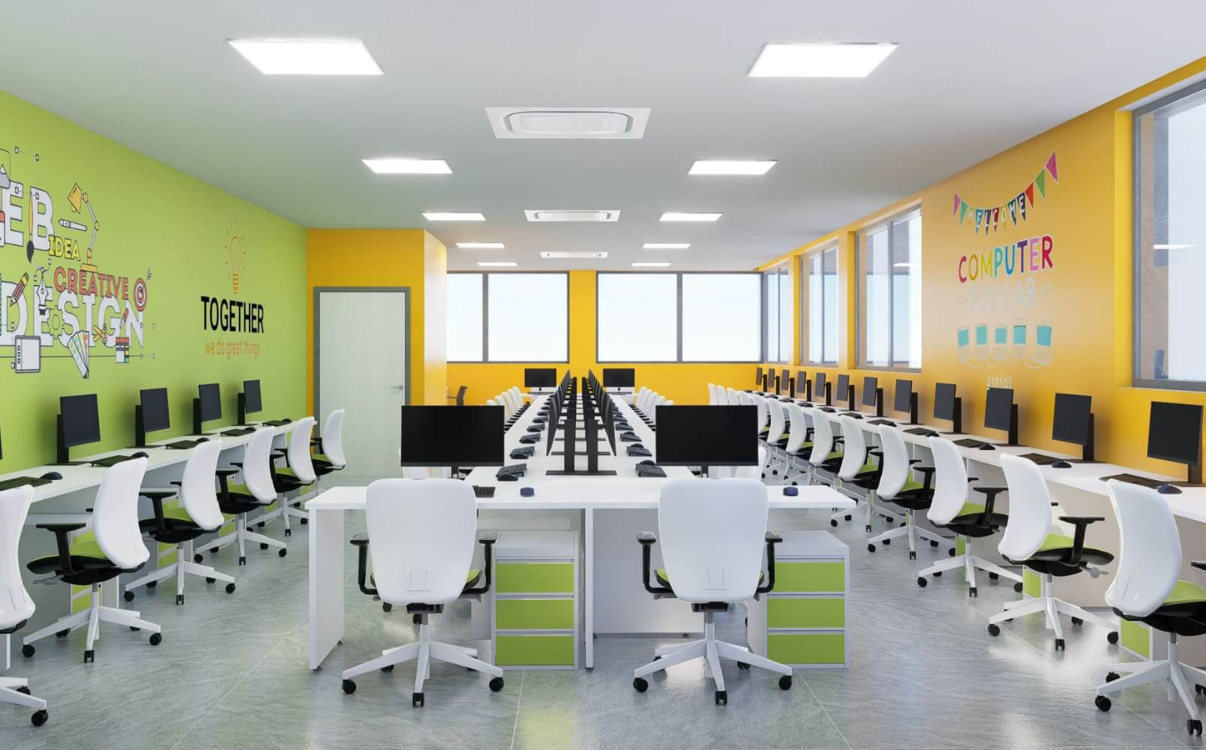 bố trí thiết bị, khu vực lưu trữ, vị trí đặt màn hình, bảng tương tác, ổ điện hay các học cụ cần thiết