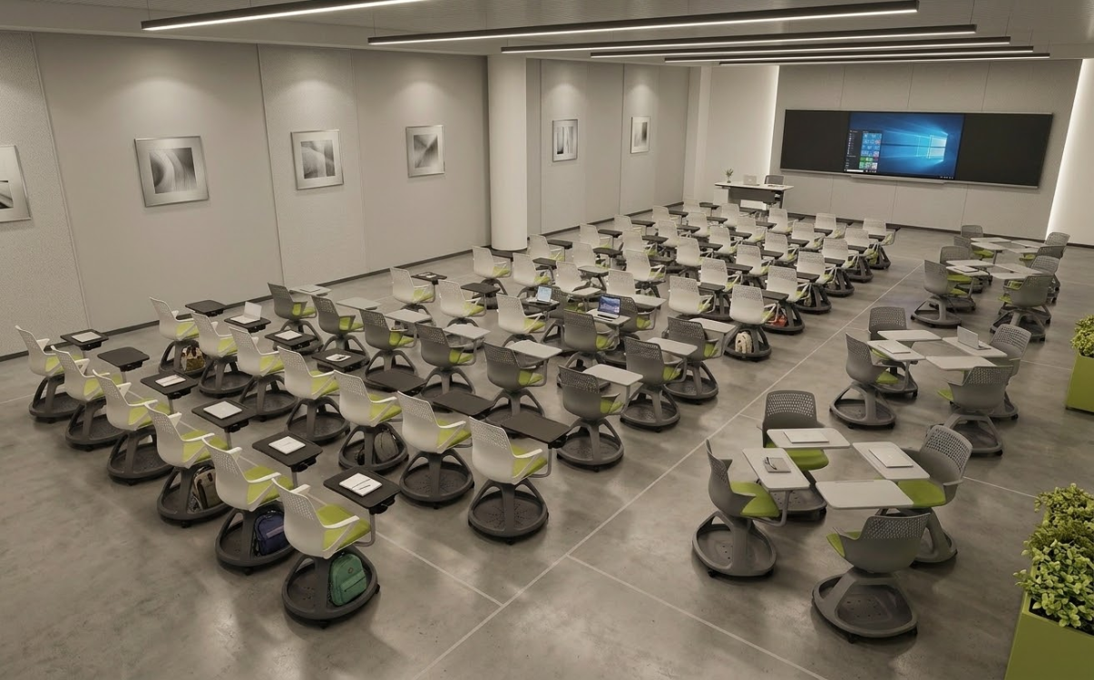 hiết kế lớp học hiện đại dành cho các môn ngoại ngữ, nơi việc nghe, nói, tương tác và phản xạ ngôn ngữ đóng vai trò quan trọng.