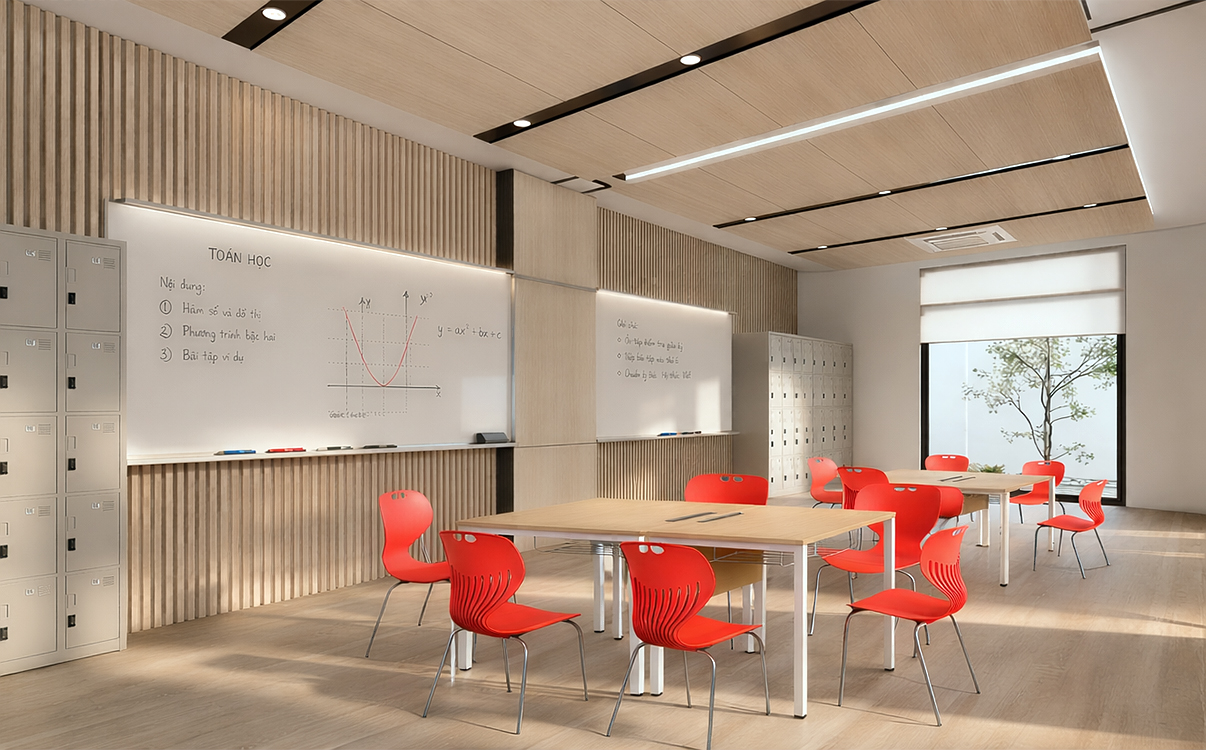 mẫu bàn học này phát huy hiệu quả, yếu tố kích thước cần được tính toán kỹ. Nếu mặt bàn quá hẹp hoặc khoảng cách ngồi không hợp lý, học sinh sẽ dễ cảm thấy chật chội, ảnh hưởng đến tư thế ngồi và khả năng tập trung. Vì vậy, khi lựa chọn bàn đôi, nhà trường cần chú ý đến chiều dài mặt bàn, chiều sâu sử dụng, khoảng để chân và sự cân đối giữa bàn với ghế đi kèm. Một thiết kế bàn đôi đạt chuẩn không chỉ giúp tiết kiệm diện tích mà còn đảm bảo sự thoải mái cho cả hai người dùng trong thời gian học tập kéo dài.