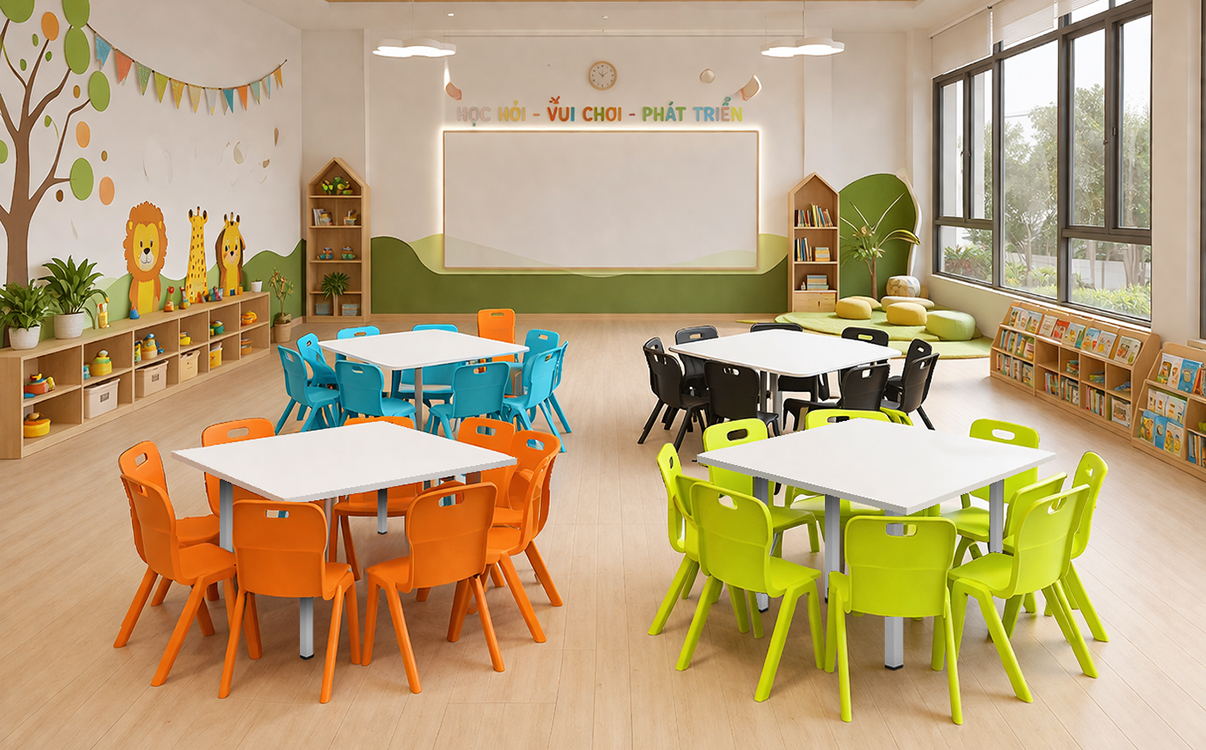 bàn học mầm non thường ưu tiên màu sắc tươi sáng, hình dáng sinh động và thiết kế gần gũi. Một chiếc bàn đẹp, vui mắt sẽ giúp trẻ cảm thấy hứng thú hơn khi tham gia các hoạt động tại lớp. Ngoài ra, nhiều trường mầm non hiện nay còn ưu tiên các mẫu bàn nhẹ, dễ di chuyển để giáo viên thuận tiện thay đổi cách bố trí lớp học theo từng hoạt động khác nhau như học nhóm, chơi sáng tạo hay sinh hoạt chung.
