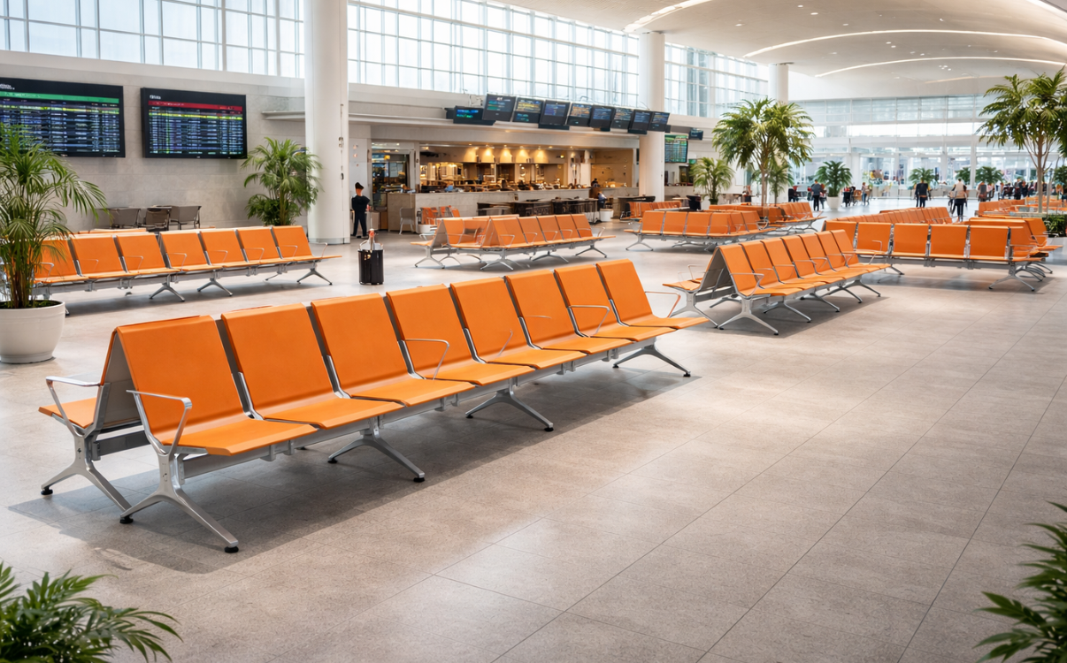 ghế sân bay không chỉ cần chắc chắn mà còn phải phù hợp với ngôn ngữ thiết kế hiện đại của nhà ga. Kiểu dáng thanh gọn, đường nét rõ ràng, màu sắc trung tính hoặc đồng bộ với nhận diện không gian giúp khu vực chờ trông chuyên nghiệp hơn.