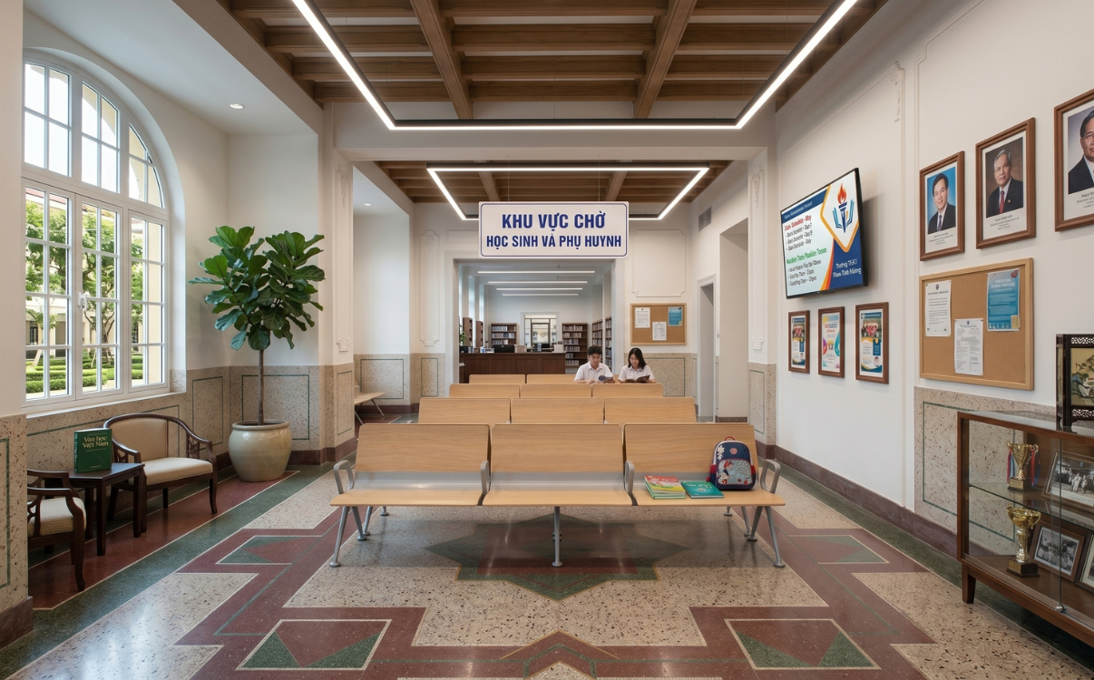  học sinh có thể ngồi nghỉ, đọc sách, trò chuyện hoặc thư giãn giữa các giờ học.