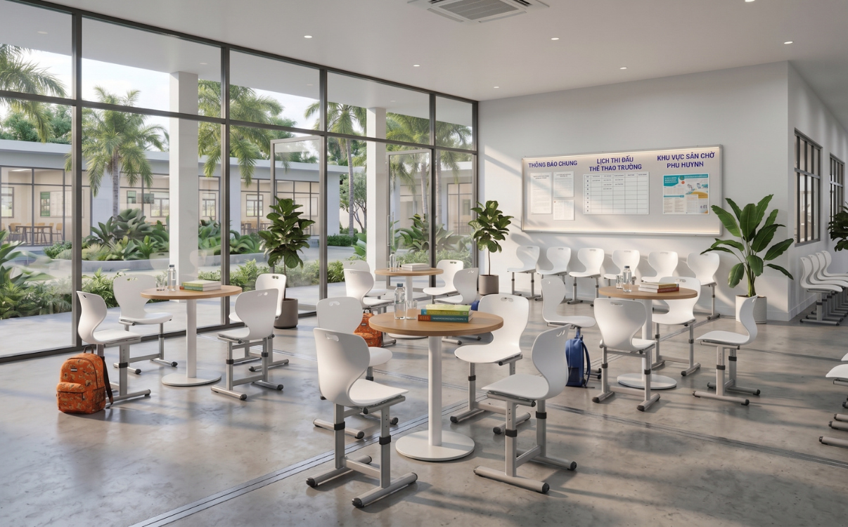 Ghế sân trường kết hợp gỗ hoặc gỗ nhựa Mẫu ghế kết hợp giữa khung kim loại và mặt ngồi bằng gỗ hoặc gỗ nhựa thường mang lại cảm giác thân thiện