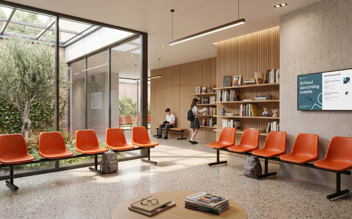 t ghế sân trường ở hành lang, nhà trường nên chú ý đến chiều dài ghế, khoảng cách với tường và độ rộng lối đi 