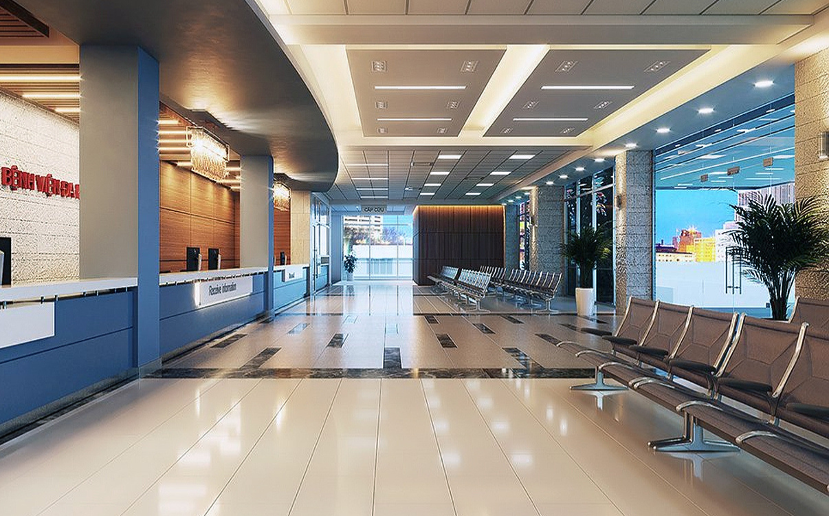 không gian ghế băng chờ ở sảnh chờ bệnh viện đẹp