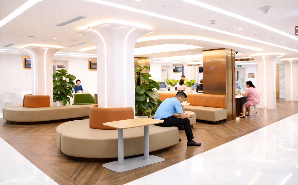 Ghế băng chờ 4 chỗ kết hợp bàn nhỏ Một số mẫu ghế được tích hợp bàn nhỏ ở giữa hoặc ở đầu ghế để tăng công năng sử dụng.