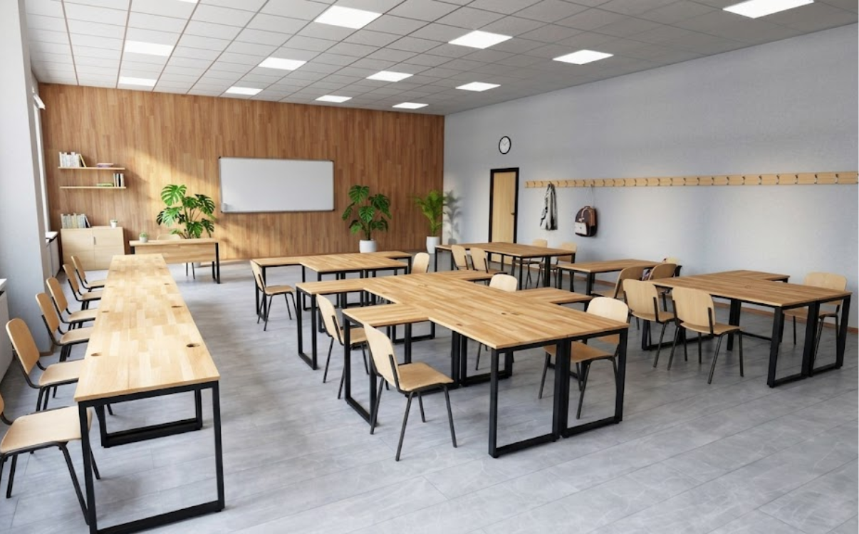 bàn học chữ L là khả năng tận dụng góc phòng rất tốt. Thay vì để trống khu vực góc tường, kiểu bàn này giúp biến phần không gian ít được sử dụng thành nơi học tập hoặc làm việc đầy tiện ích.