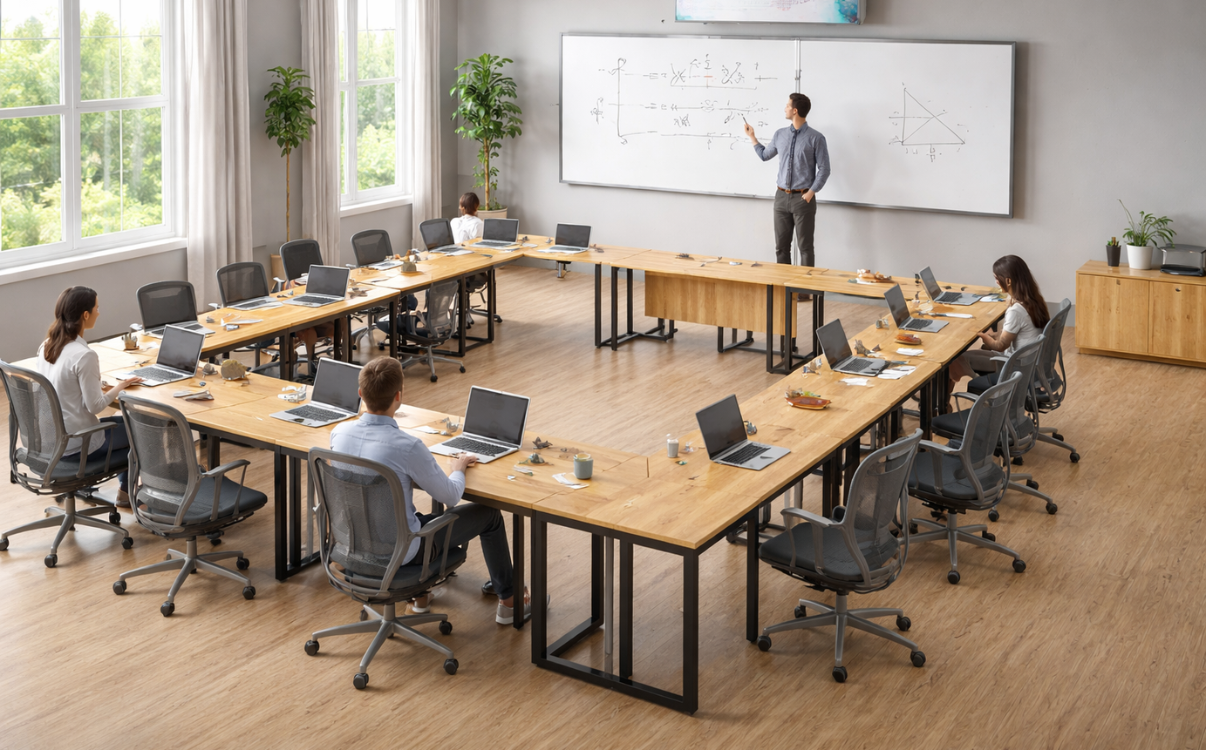 bàn học chữ L là khả năng tận dụng góc phòng rất tốt. Thay vì để trống khu vực góc tường, kiểu bàn này giúp biến phần không gian ít được sử dụng thành nơi học tập hoặc làm việc đầy tiện ích.