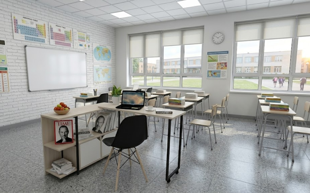 bàn học chữ L là khả năng tận dụng góc phòng rất tốt. Thay vì để trống khu vực góc tường, kiểu bàn này giúp biến phần không gian ít được sử dụng thành nơi học tập hoặc làm việc đầy tiện ích.