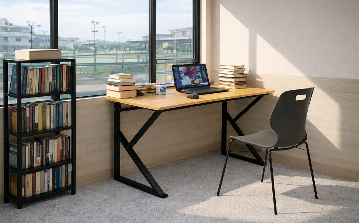 bàn học chữ K khi đặt ở góc học tập tại nhà là tạo cảm giác gọn gàng, rõ ràng và có tổ chức hơn.