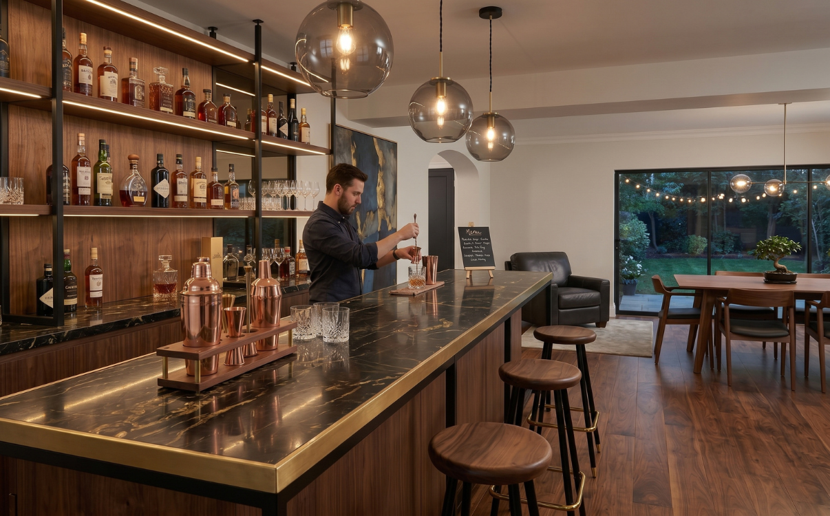 Bố trí ghế đôn cao trong khu vực đảo bếp