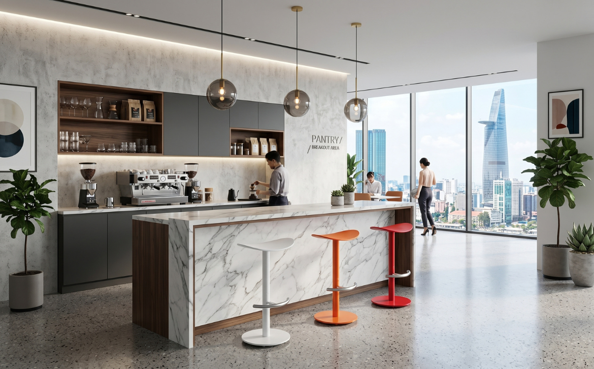 Ghế đôn cao trong khu pantry văn phòng