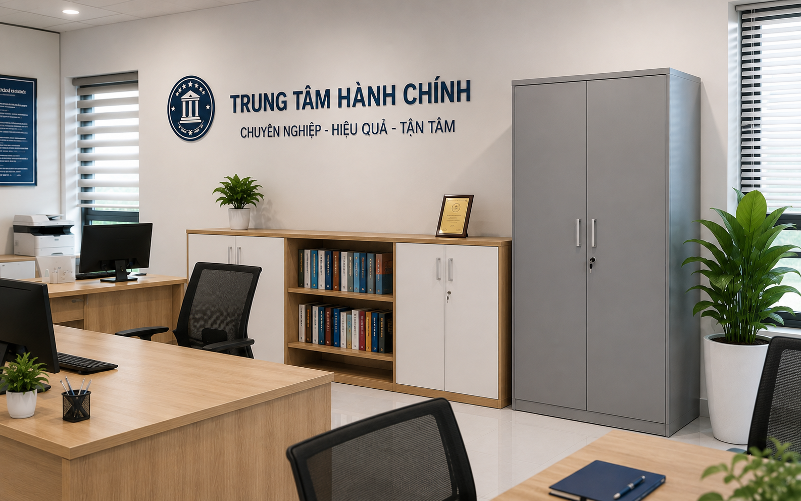 Cơ quan hành chính Đối với cơ quan hành chính và các tổ chức công cộng, việc lưu trữ hồ sơ thường có yêu cầu cao về tính hệ thống, khả năng truy xuất và mức độ bảo mật. Các loại tài liệu như công văn, hồ sơ thủ tục, biểu mẫu hành chính, tài liệu lưu trữ nội bộ, hồ sơ nhân sự hoặc văn bản pháp lý cần được sắp xếp khoa học để phục vụ quá trình xử lý công việc hằng ngày. Tủ hồ sơ 2 cánh là hạng mục phù hợp cho các không gian này nhờ khả năng lưu trữ tập trung, dễ phân chia theo nhóm hồ sơ và có thể trang bị khóa để tăng tính an toàn. Tủ giúp hạn chế tình trạng tài liệu bị đặt sai vị trí, thất lạc hoặc tiếp cận bởi người không có nhiệm vụ. Trong khu vực tiếp nhận và xử lý hồ sơ, tủ có thể dùng để lưu các tài liệu thường xuyên sử dụng, giúp cán bộ hoặc nhân sự hành chính dễ lấy và hoàn trả đúng vị trí. Trong phòng lưu trữ nội bộ, các mẫu tủ cao hoặc tủ có nhiều tầng kệ giúp tăng sức chứa, phù hợp với lượng hồ sơ lớn cần bảo quản trong thời gian dài. Bên cạnh công năng, tủ hồ sơ còn hỗ trợ xây dựng không gian làm việc nghiêm túc, ngăn nắp và đúng tính chất hành chính. Một hệ tủ đồng bộ, có phân khu rõ ràng theo bộ phận hoặc loại tài liệu sẽ giúp quá trình vận hành minh bạch, khoa học và tiết kiệm thời gian hơn.