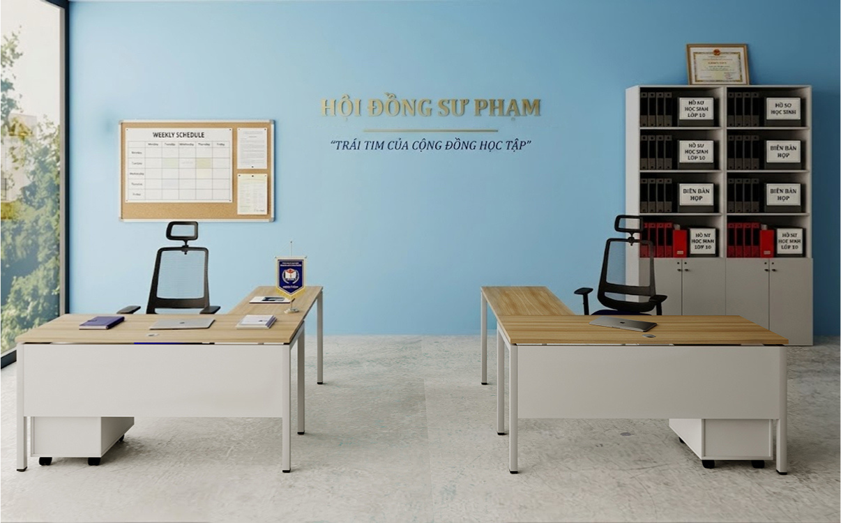  Không gian phòng làm việc trường học dùng tủ hồ sơ 4 ngăn để sát tường