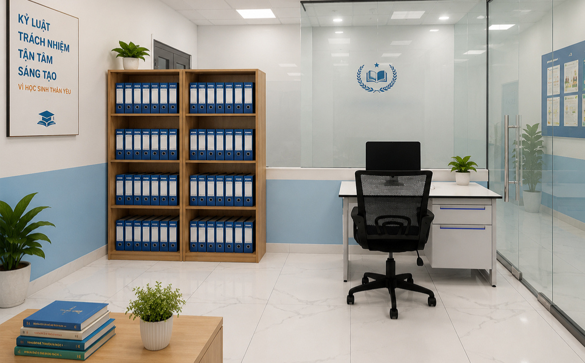 CHo hình phòng hành chính trường học hiện đại dùng tủ hồ sơ nhiều ngăn đẹp, thu hút 