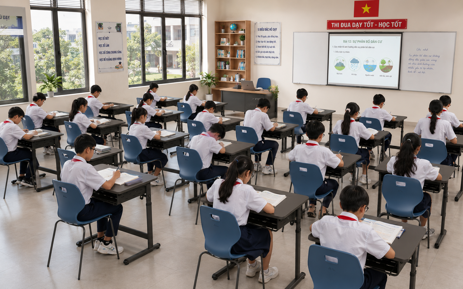 Cho phòng học THCS đẹp, có dùng ghế ARC 4 chân, bàn Smart Zico đẹp