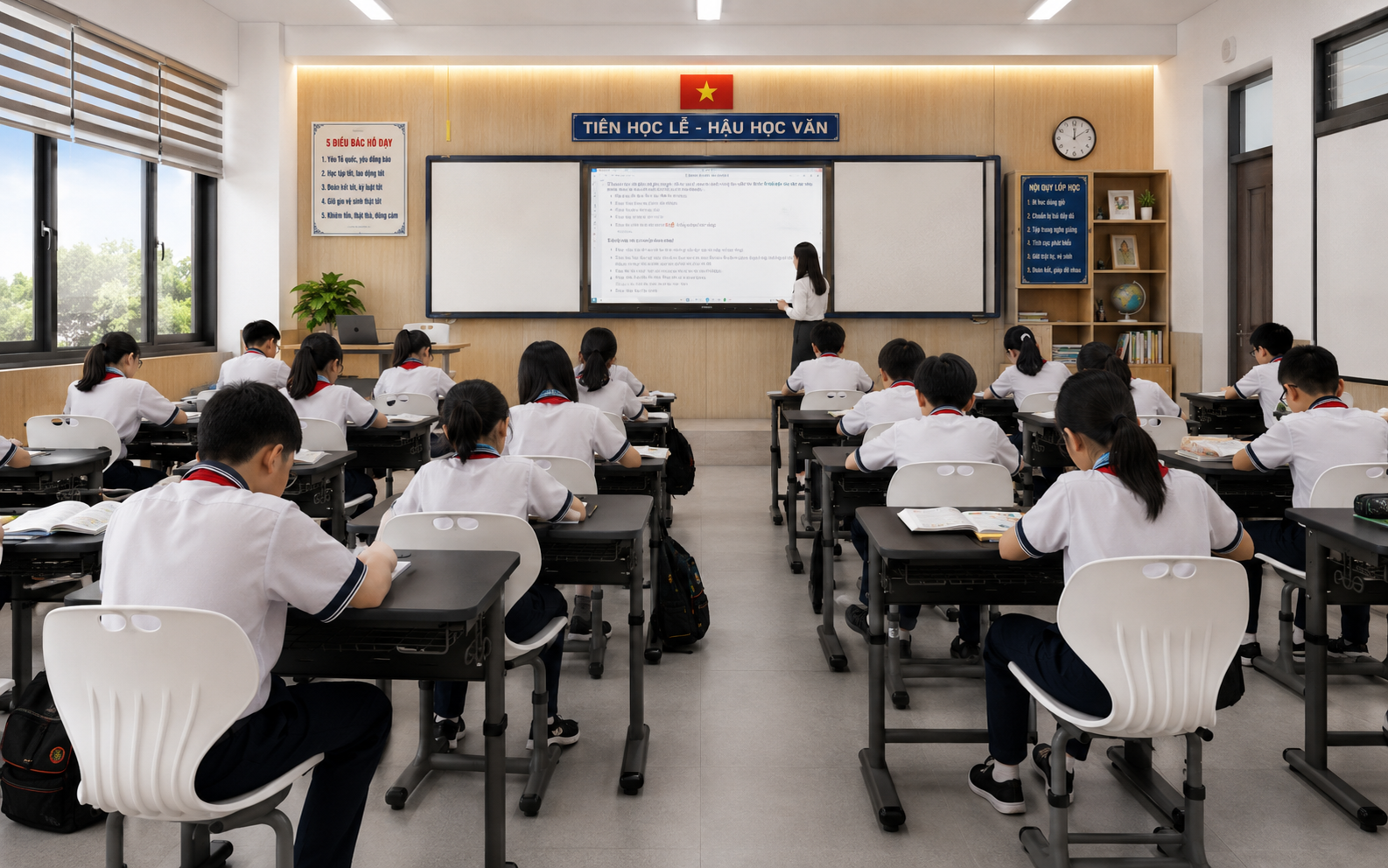 Cho phòng học THCS đẹp, có dùng ghế Moto nâng hạ, bàn Smart Zico đẹp