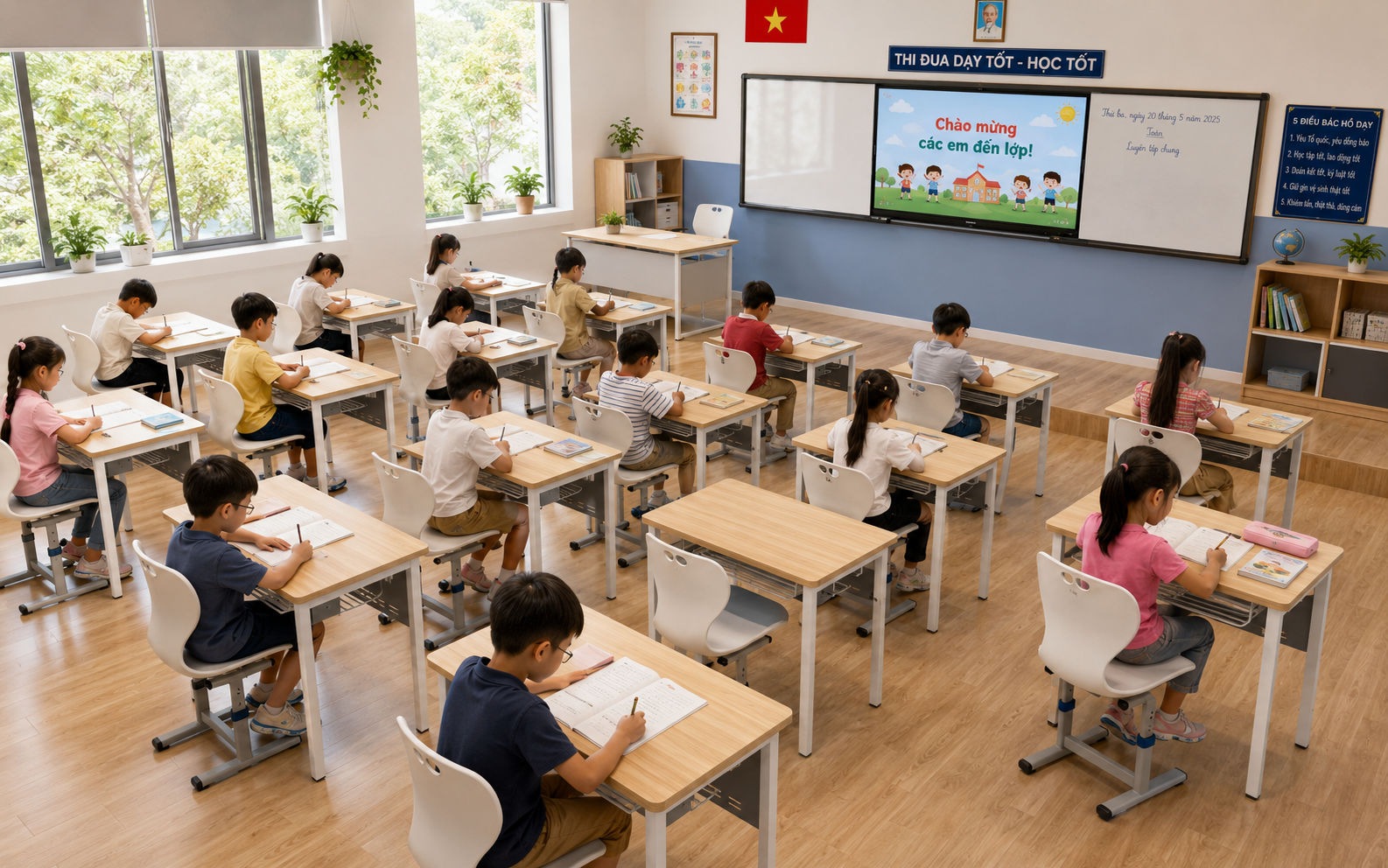 Cho phòng học THCS đẹp, có dùng ghế Moto, bàn Tetra 01 đẹp