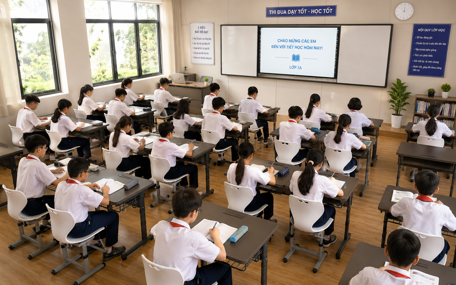 Cho phòng học THCS đẹp, có dùng ghế Moto nâng hạ, bàn Smart Zico đẹp