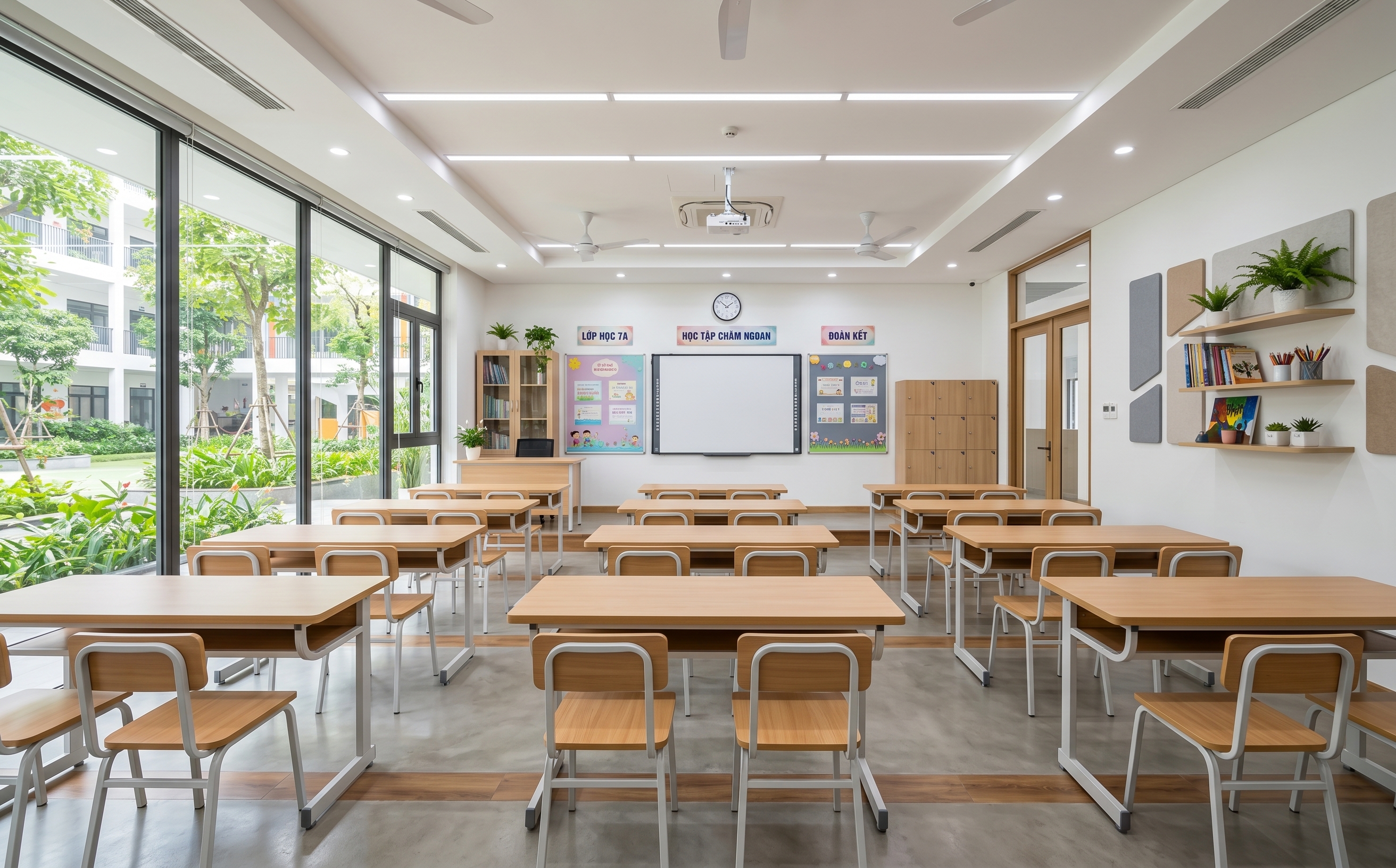 Cho không gian lớp học cấp 2 đẹp, dùng bàn ghế hiện đại