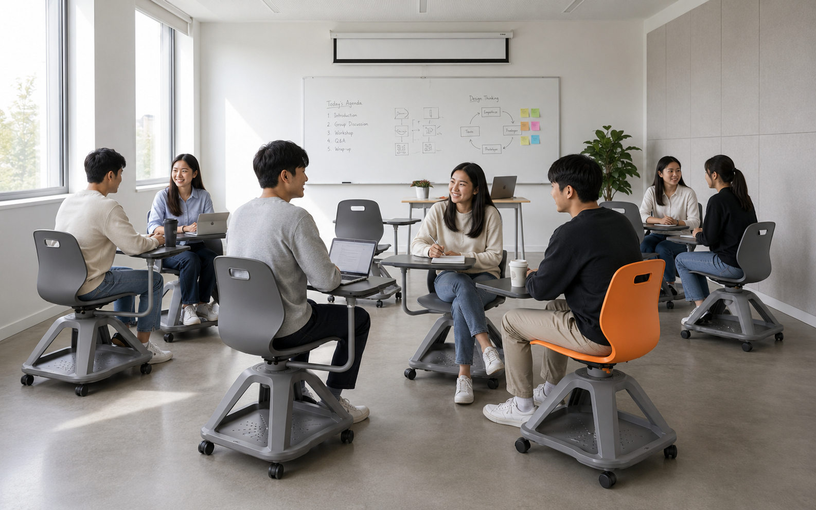 không gian lớp học dùng ghế ARC Community xoay có bàn viết đẹp, rộng, sang trọng
