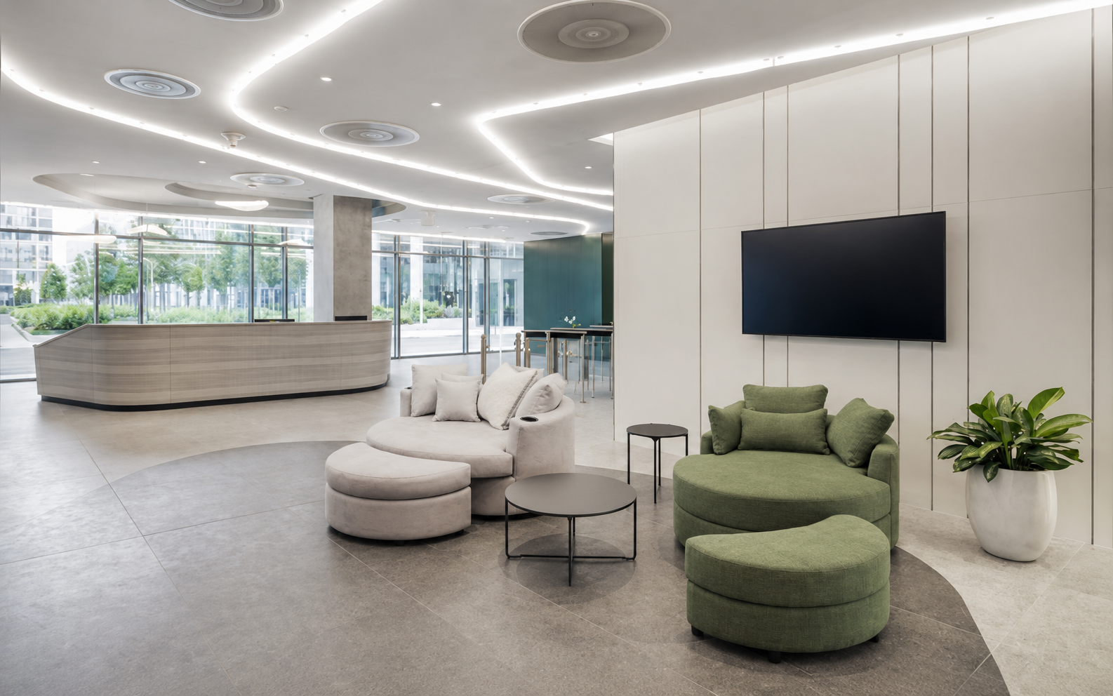 Ghế sofa trong không gian sảnh chờ đẹp, dùng ghế Sofa Schumann
