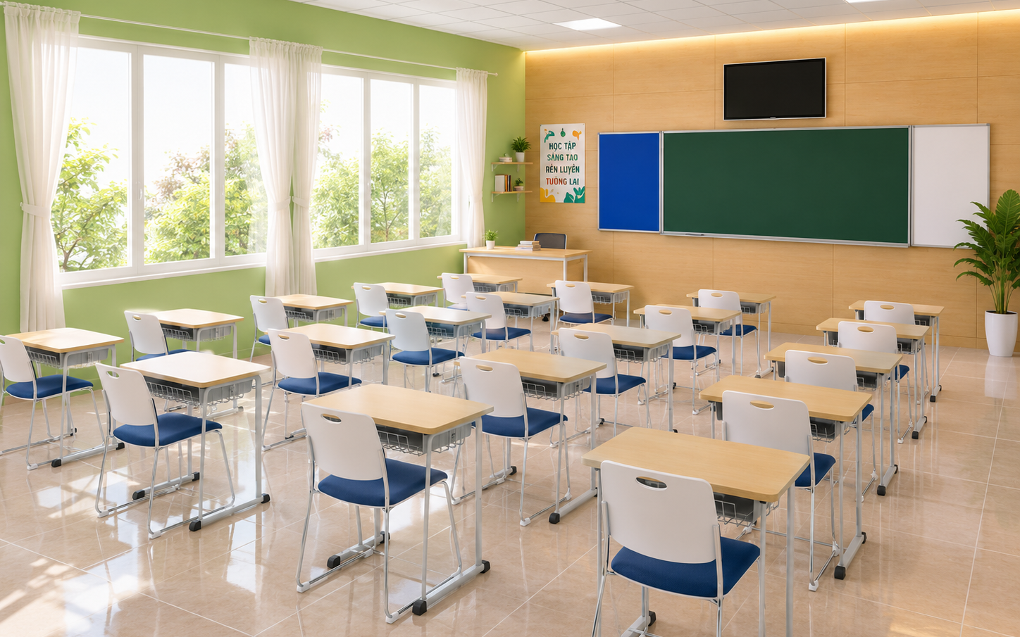 Không gian phòng học linh hoạt, học theo mô hình active learning dùng bàn Zico, Ghế Moto 