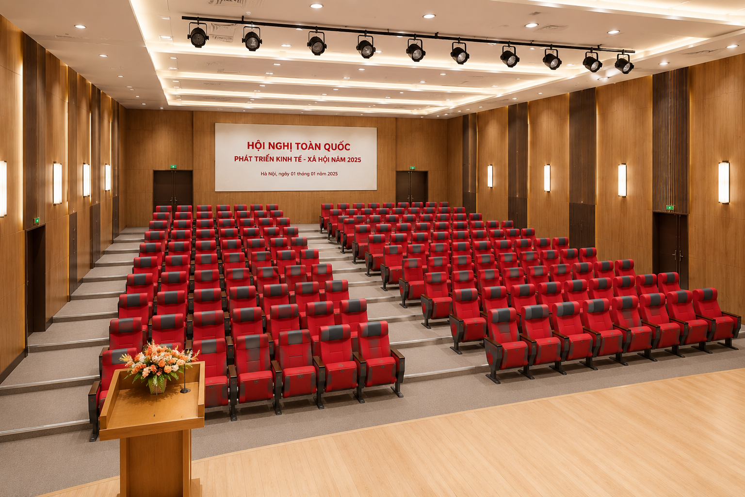 Không gian hội trường đẹp dùng các mẫu ghế hội trường tại https://rpb.com.vn/truong-hoc/giang-duong-sanh-san 