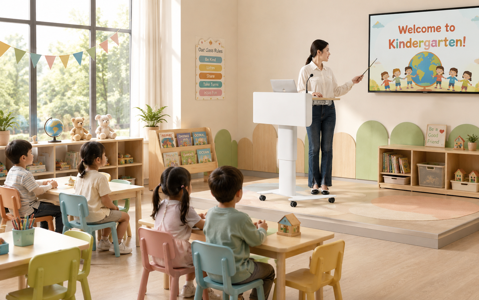 Cho hình bàn ghế giáo viên trong lớp học mầm non đẹp, dùng bàn https://rpb.com.vn/san-pham/ban-giao-vien