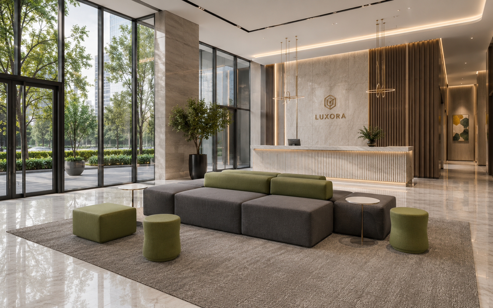 Cho hình ghế sofa đẹp trong không gian sảnh hiện đại 