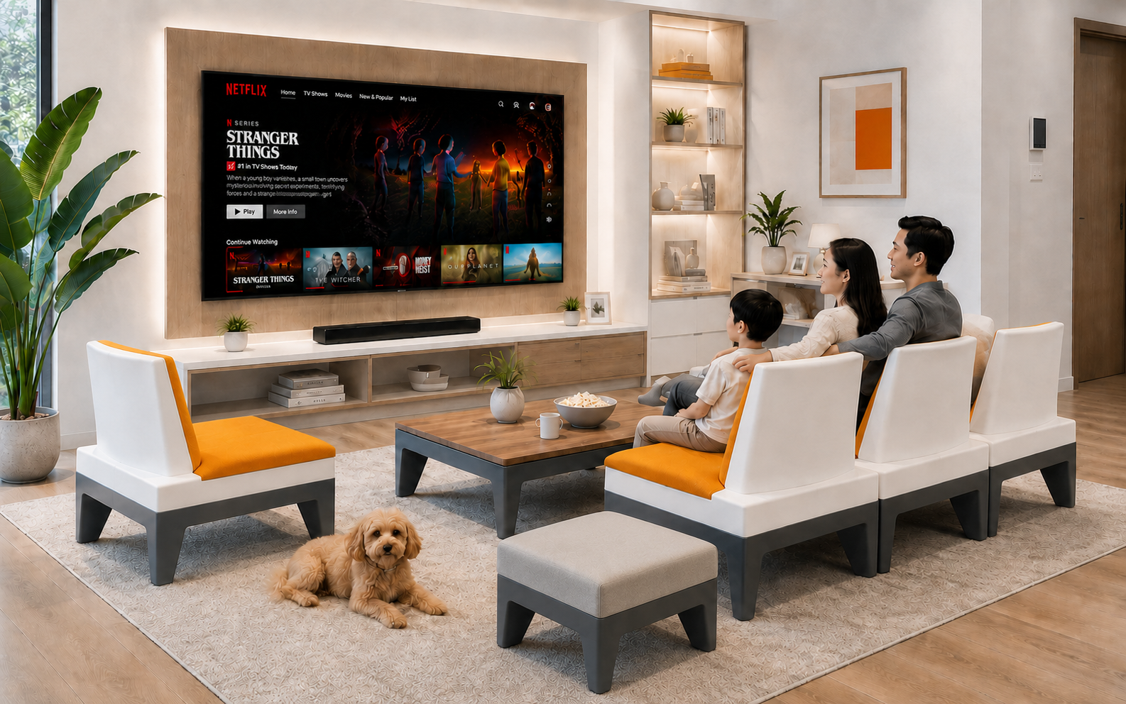 Không gian phòng khách đẹp dùng ghế sofa, dùng ghế Sophia 