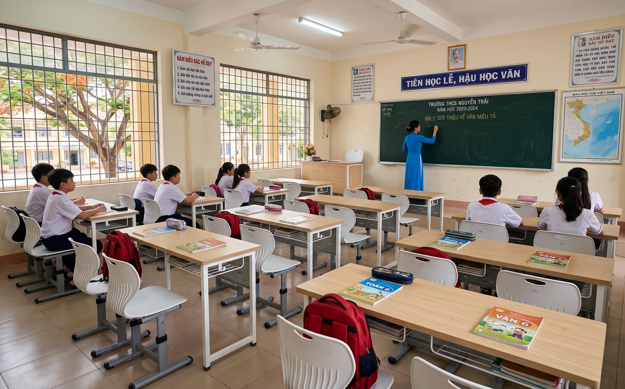 Cho không gian phòng học dùng bàn Tetra 2 chỗ ngồi, ghế Moto