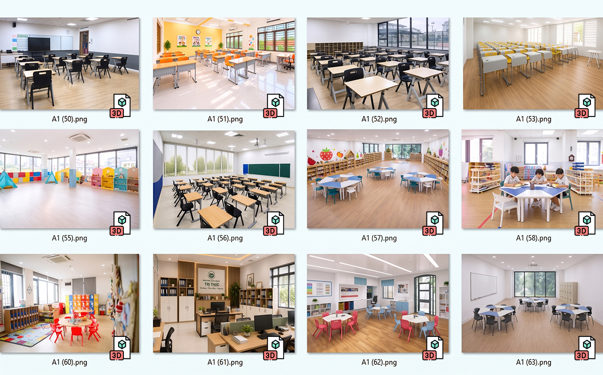 Mô hình 3D ghế học sinh trong lớp học