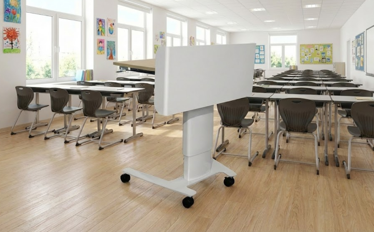 Bàn giáo viên và bục nâng hạ Edulift 01 trong lớp học hiện đại, kết cấu chắc chắn và hỗ trợ giảng dạy hiệu quả.
