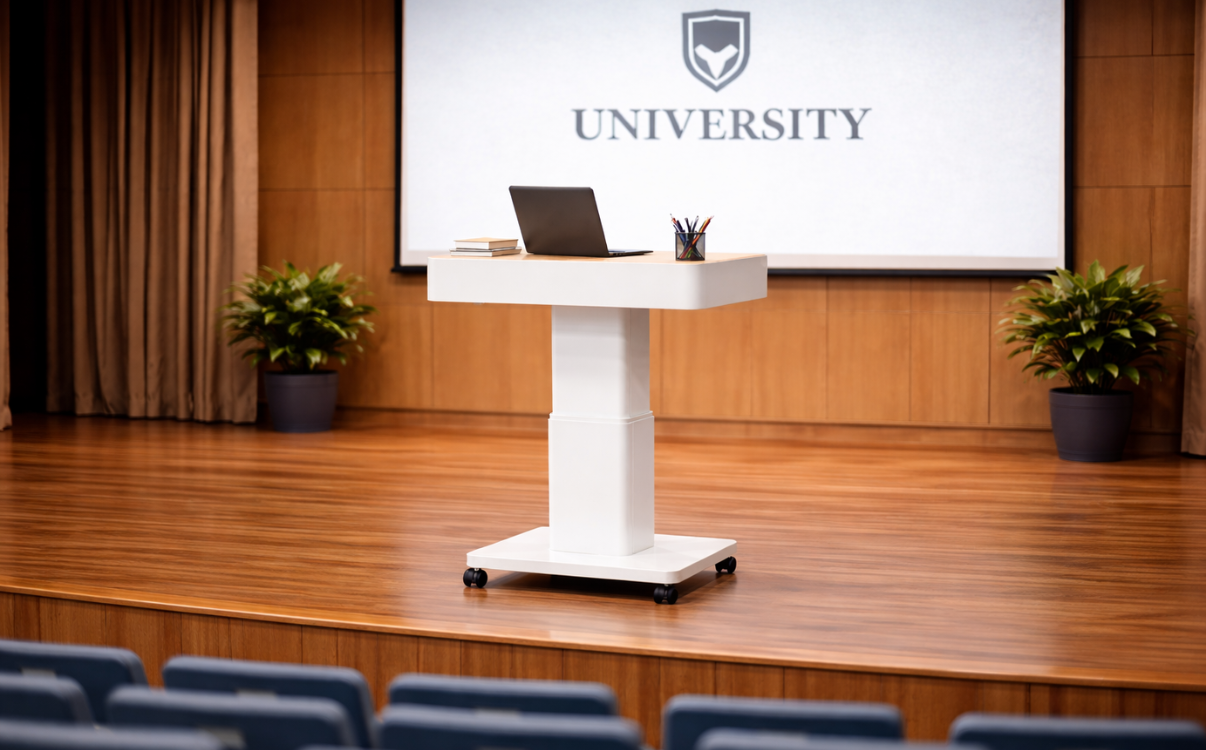 Bàn giáo viên thiết kế đồng bộ giúp không gian hội thảo trở nên chuyên nghiệp và nâng cao hình ảnh của đơn vị tổ chức.