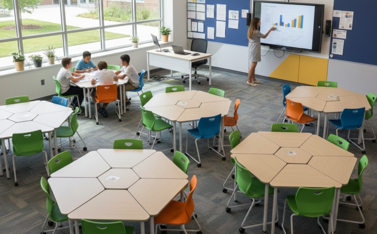 Durable steel-frame teacher desks keep classrooms stable, safe, and efficient in educational environments.