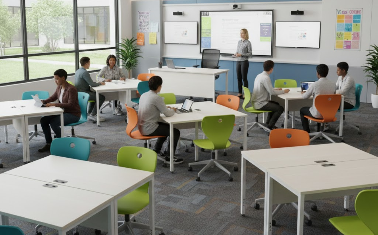 Sturdy steel-frame teacher desks help classrooms operate stably and present a professional school image.