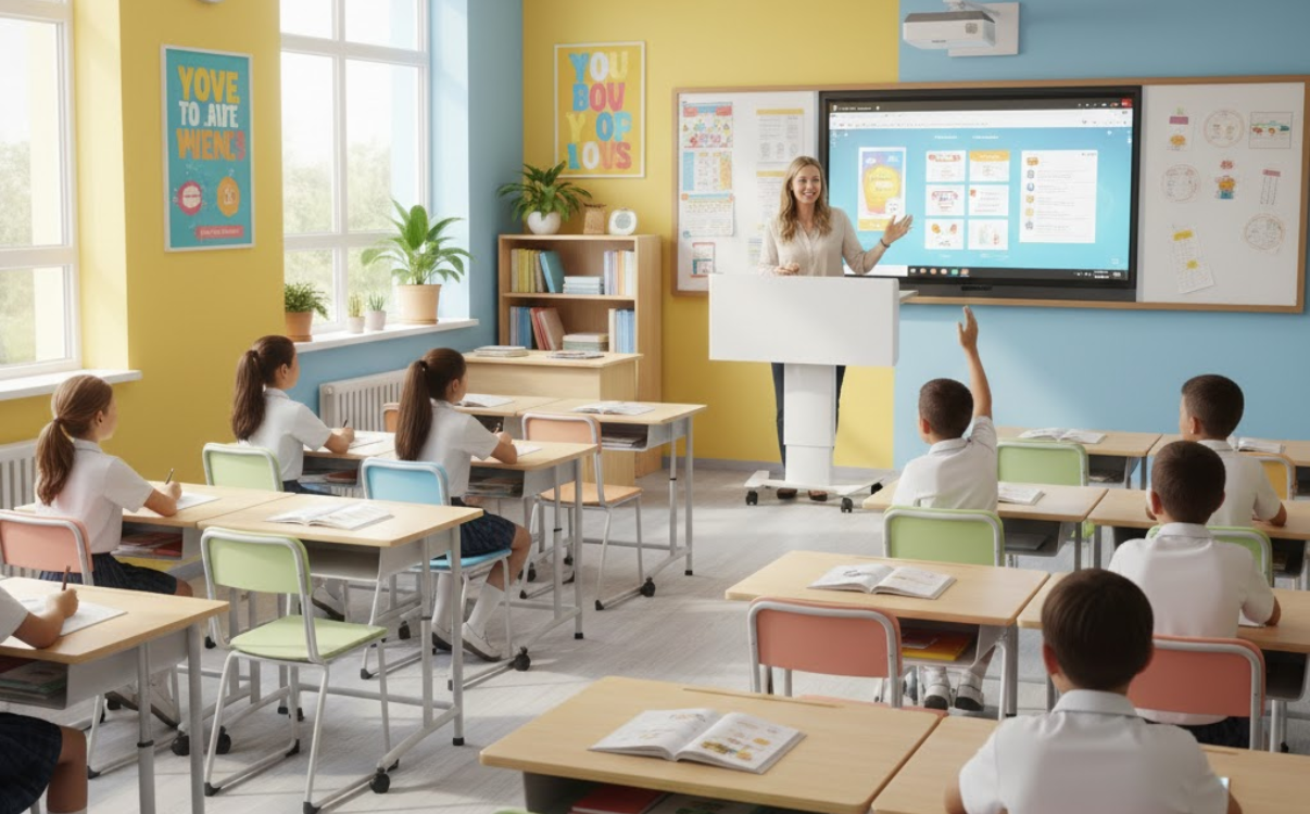 Sturdy steel-frame teacher desks in specialized classrooms support safe and flexible equipment arrangement for modern education.